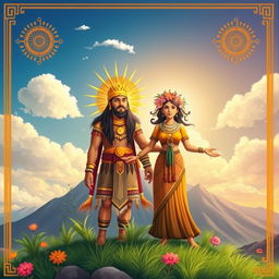 A beautifully illustrated representation of Inti, the Inca sun god, and Pachamama, the earth goddess, standing together in a vibrant Andean landscape