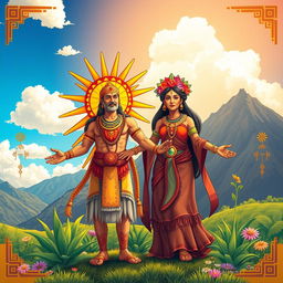 A beautifully illustrated representation of Inti, the Inca sun god, and Pachamama, the earth goddess, standing together in a vibrant Andean landscape