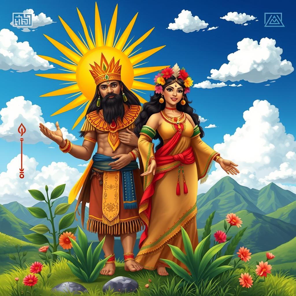 A beautifully illustrated representation of Inti, the Inca sun god, and Pachamama, the earth goddess, standing together in a vibrant Andean landscape