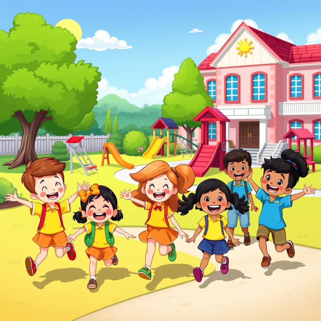 A vibrant, colorful Disney-style cartoon depicting happy children joyfully playing on a school playground
