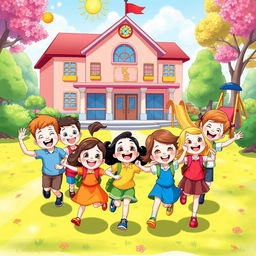 A vibrant, colorful Disney-style cartoon depicting happy children joyfully playing on a school playground