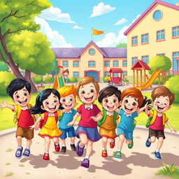 A vibrant, colorful Disney-style cartoon depicting happy children joyfully playing on a school playground