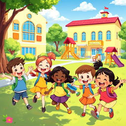 A vibrant, colorful Disney-style cartoon depicting happy children joyfully playing on a school playground
