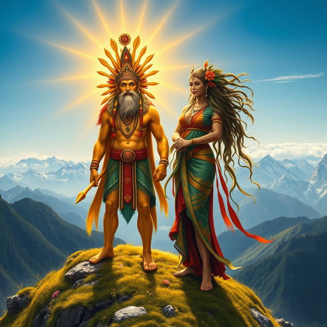 Inti, the Father Sun, depicted as a powerful and radiant figure with golden skin and a majestic headdress, stands proudly upon a lush mountain peak