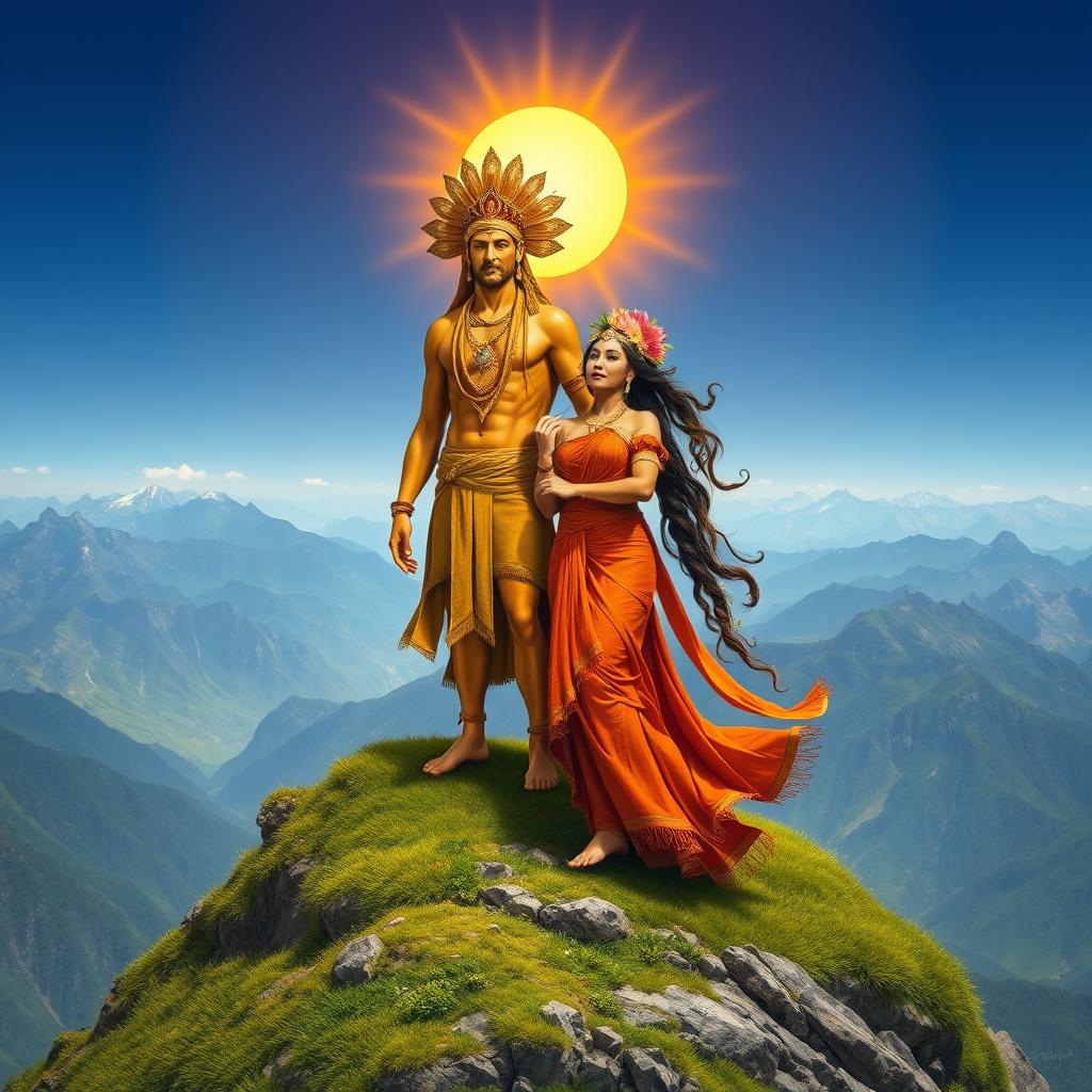 Inti, the Father Sun, depicted as a powerful and radiant figure with golden skin and a majestic headdress, stands proudly upon a lush mountain peak
