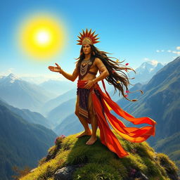 Inti, the Father Sun, depicted as a powerful and radiant figure with golden skin and a majestic headdress, stands proudly upon a lush mountain peak