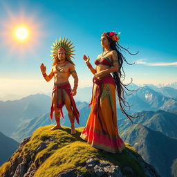 Inti, the Father Sun, depicted as a powerful and radiant figure with golden skin and a majestic headdress, stands proudly upon a lush mountain peak