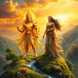 A majestic scene depicting the God of Sun and Mother Earth standing together atop a lush, green mountain