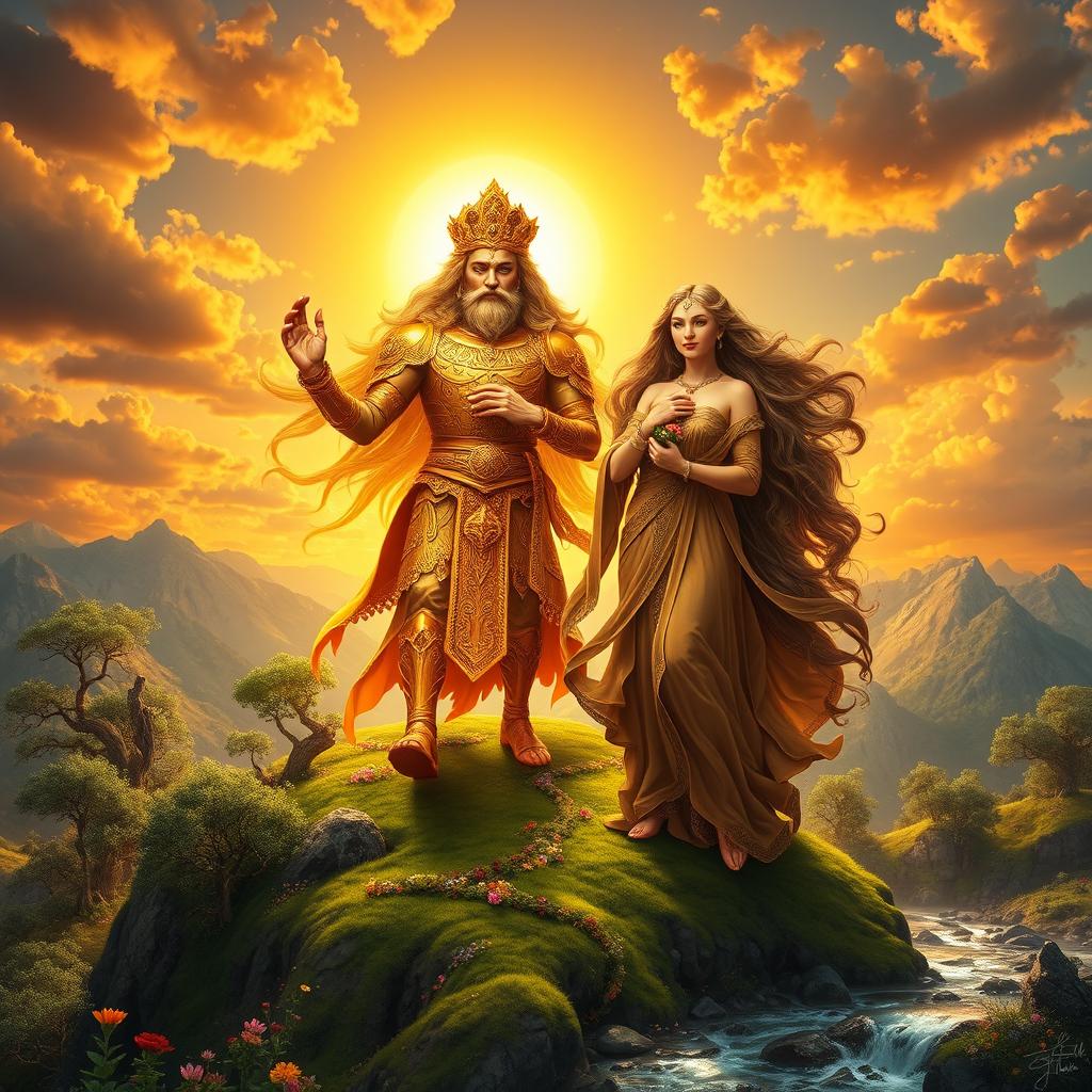 A majestic scene depicting the God of Sun and Mother Earth standing together atop a lush, green mountain