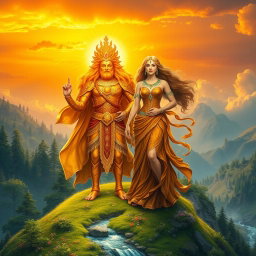 A majestic scene depicting the God of Sun and Mother Earth standing together atop a lush, green mountain