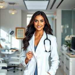 A stunningly beautiful doctor, dressed in a stylish, tailored white coat, standing confidently in a luxurious office filled with modern medical equipment and elegant decor