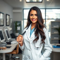 A stunningly beautiful doctor, dressed in a stylish, tailored white coat, standing confidently in a luxurious office filled with modern medical equipment and elegant decor