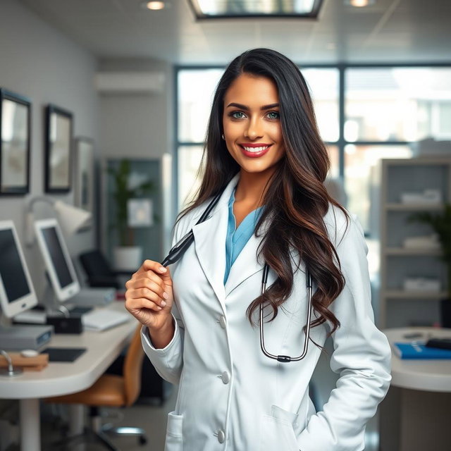 A stunningly beautiful doctor, dressed in a stylish, tailored white coat, standing confidently in a luxurious office filled with modern medical equipment and elegant decor