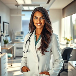 A stunningly beautiful doctor, dressed in a stylish, tailored white coat, standing confidently in a luxurious office filled with modern medical equipment and elegant decor
