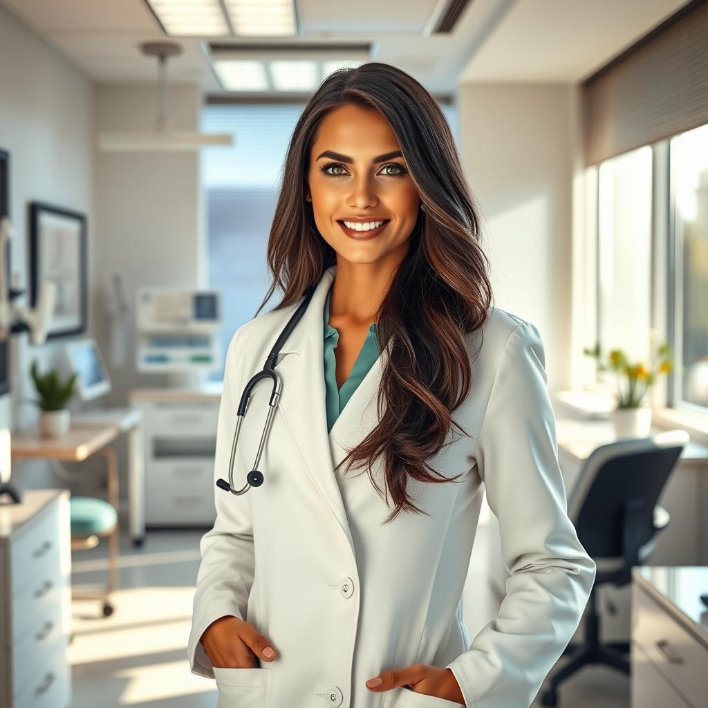 A stunningly beautiful doctor, dressed in a stylish, tailored white coat, standing confidently in a luxurious office filled with modern medical equipment and elegant decor