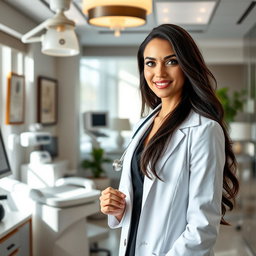 A stunningly beautiful doctor, dressed in a stylish, tailored white coat, standing confidently in a luxurious office filled with modern medical equipment and elegant decor
