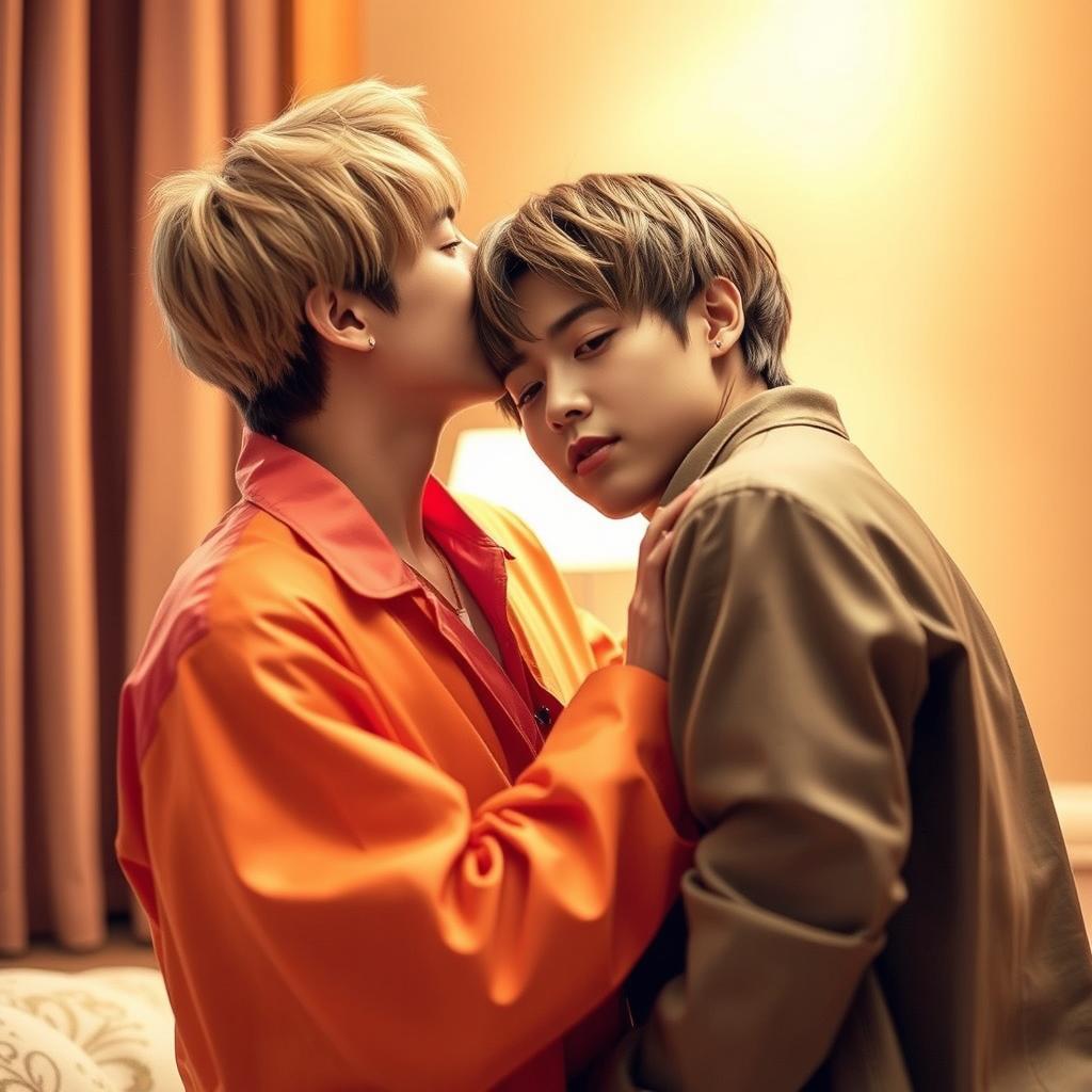 A romantic moment between two male K-pop idols, J-Hope and Yoongi, captured in a soft, intimate setting