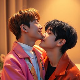 A romantic moment between two male K-pop idols, J-Hope and Yoongi, captured in a soft, intimate setting