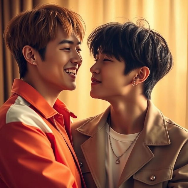 A romantic moment between two male K-pop idols, J-Hope and Yoongi, captured in a soft, intimate setting