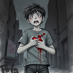 A realistic drawing of a boy with a look of shock and pain on his face, clutching his chest where a heart-wrenching wound is visible