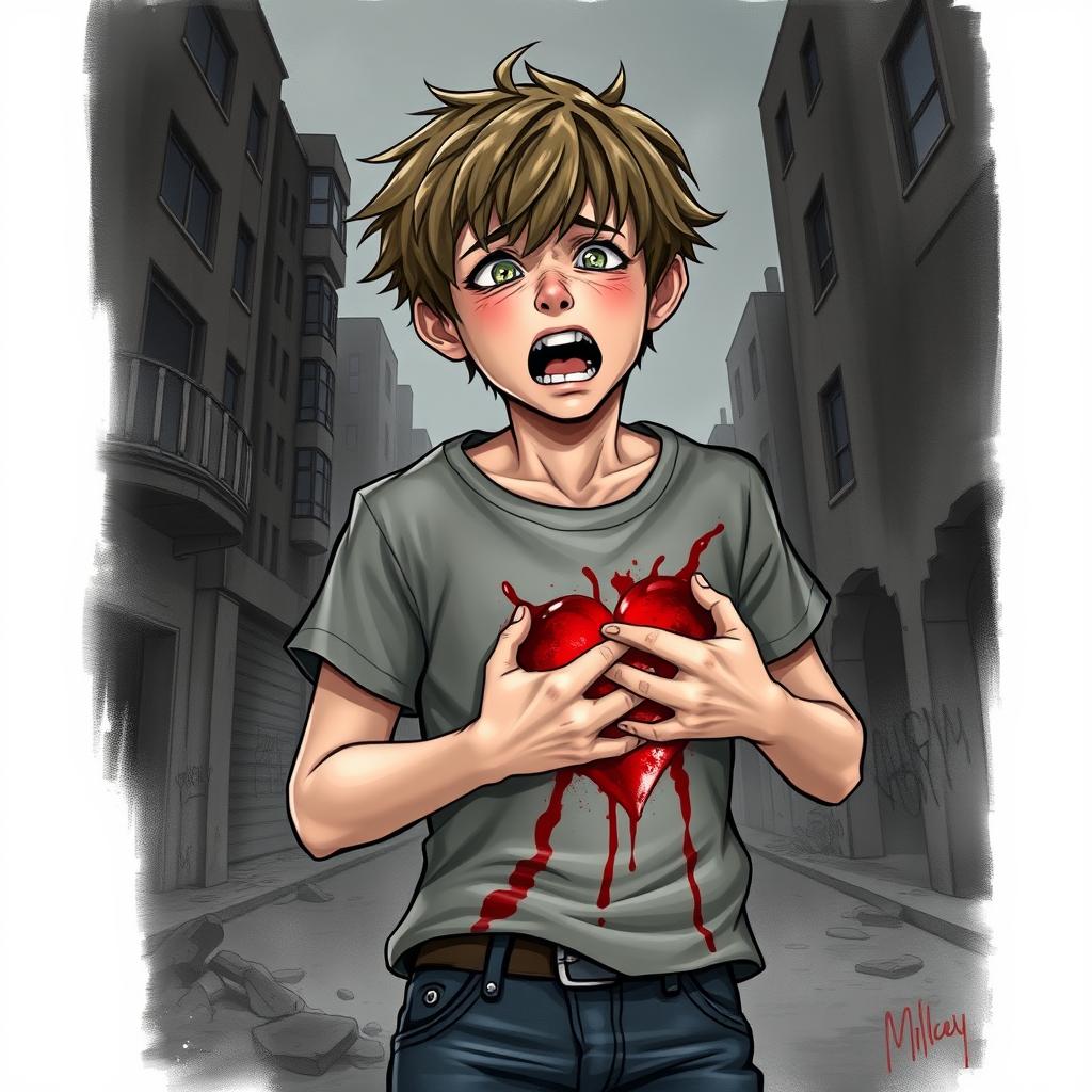 A realistic drawing of a boy with a look of shock and pain on his face, clutching his chest where a heart-wrenching wound is visible