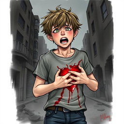 A realistic drawing of a boy with a look of shock and pain on his face, clutching his chest where a heart-wrenching wound is visible