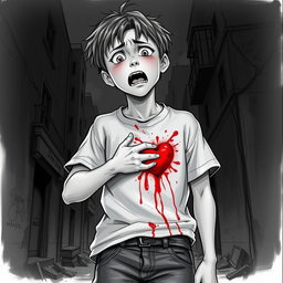 A realistic drawing of a boy with a look of shock and pain on his face, clutching his chest where a heart-wrenching wound is visible