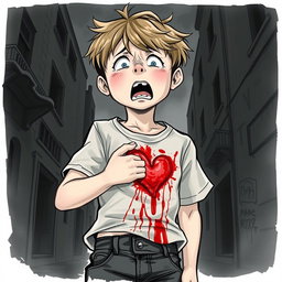 A realistic drawing of a boy with a look of shock and pain on his face, clutching his chest where a heart-wrenching wound is visible
