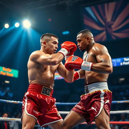 A dynamic scene of two professional boxers in the middle of an intense match inside a brightly lit boxing ring