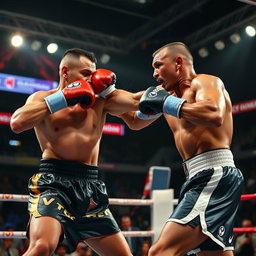 A dynamic scene of two professional boxers in the middle of an intense match inside a brightly lit boxing ring