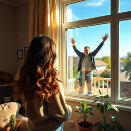 A scene inside a cozy living room of a house, showcasing a woman standing near a window on the second floor