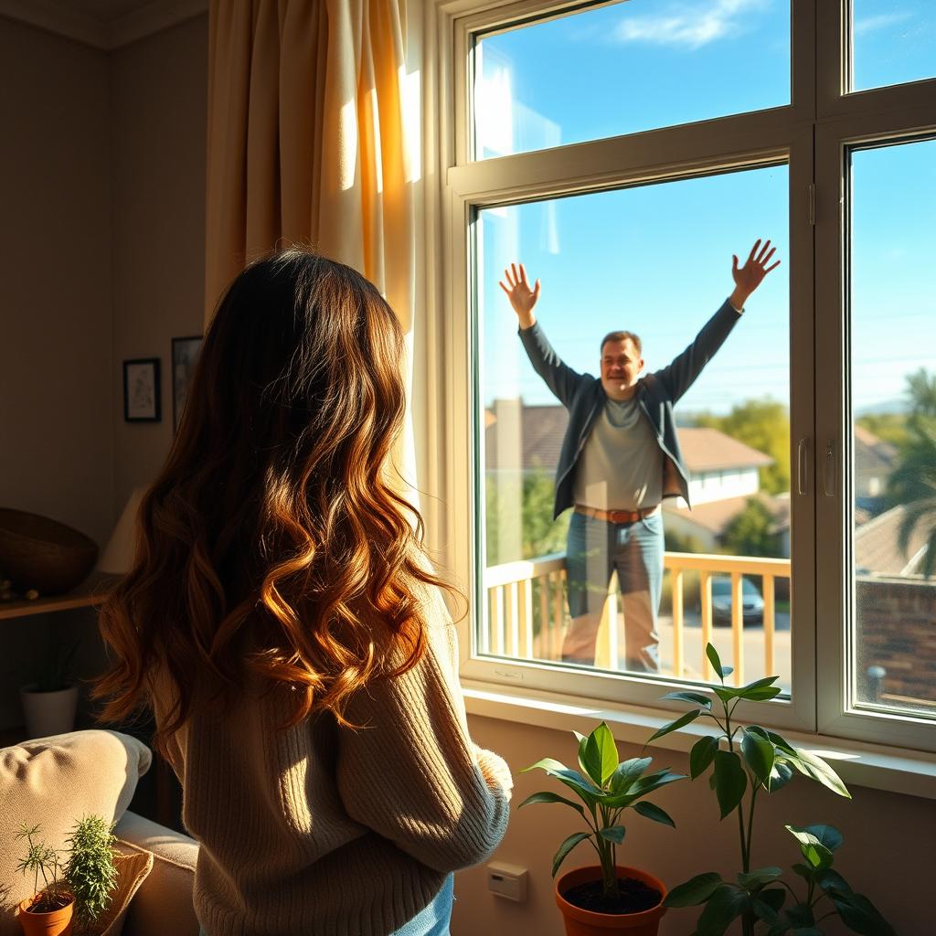 A scene inside a cozy living room of a house, showcasing a woman standing near a window on the second floor