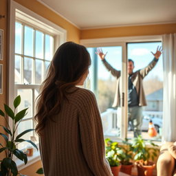 A scene inside a cozy living room of a house, showcasing a woman standing near a window on the second floor