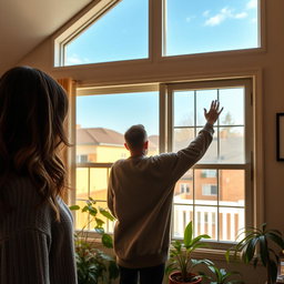 A scene inside a cozy living room of a house, showcasing a woman standing near a window on the second floor