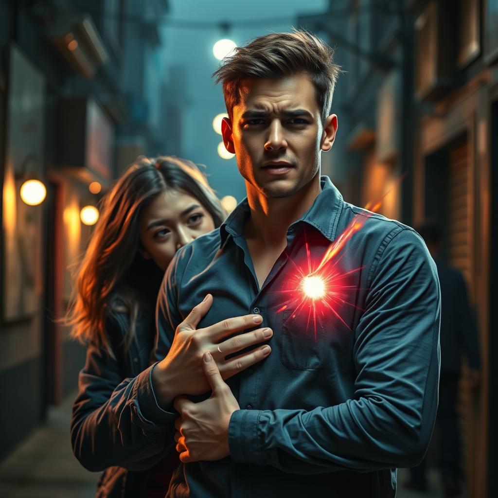 A dramatic scene featuring a young man heroically standing in front of his lover, who is behind him, as he is shot in the heart