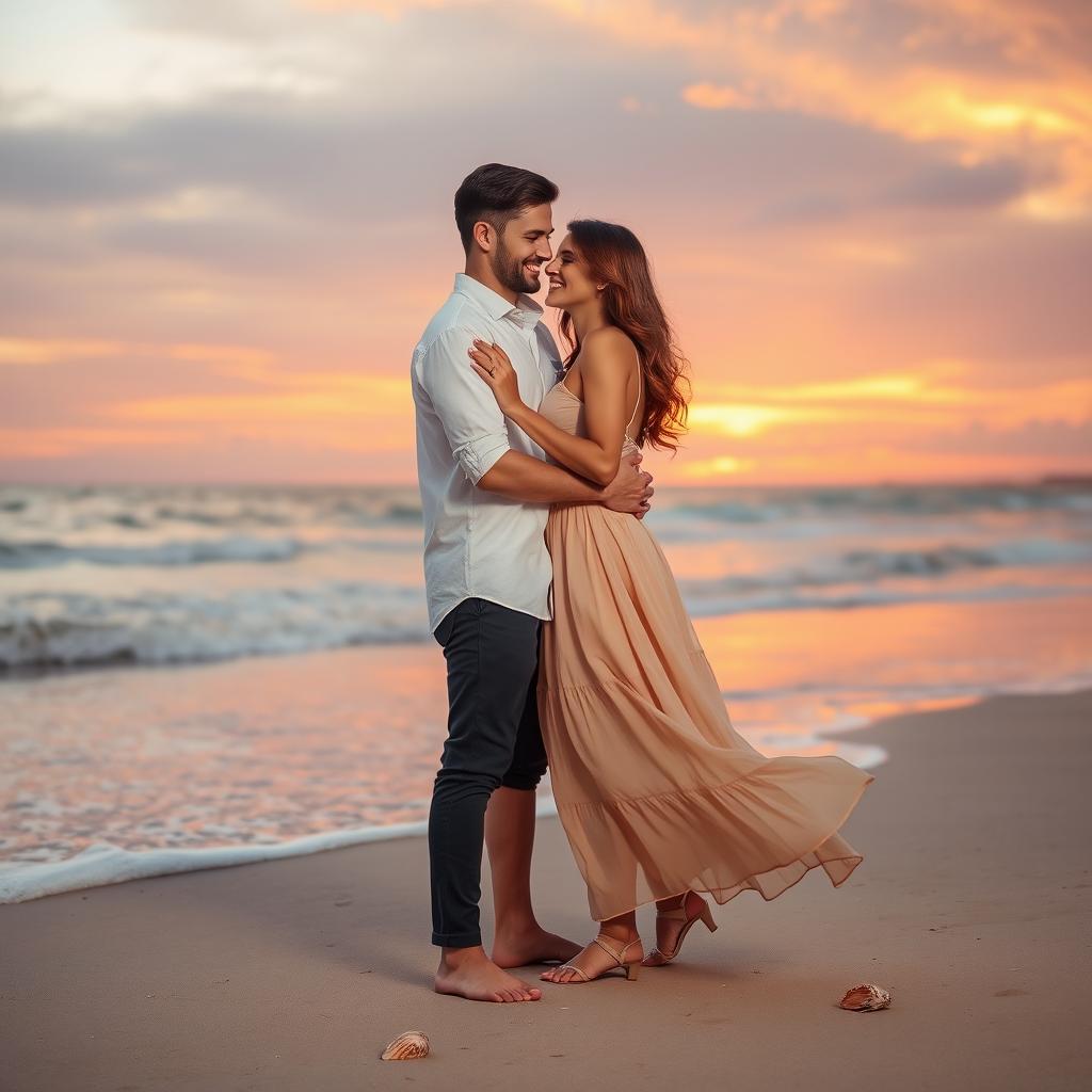 A romantic couple sharing a tender moment at sunset on a beach, with warm orange and pink hues painting the sky