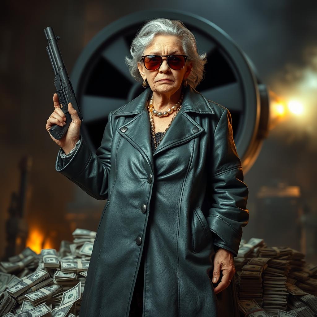 An elderly, tough-looking woman, dressed in a long, worn leather coat and stylish sunglasses, stands confidently with a gun in one hand