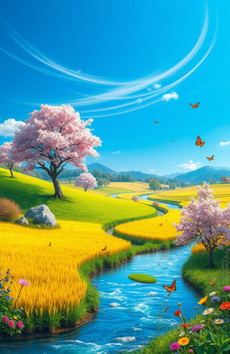 A surreal and vibrant landscape representing prosperity, with lush green fields, blooming cherry blossom trees, and golden rice paddies under a bright blue sky