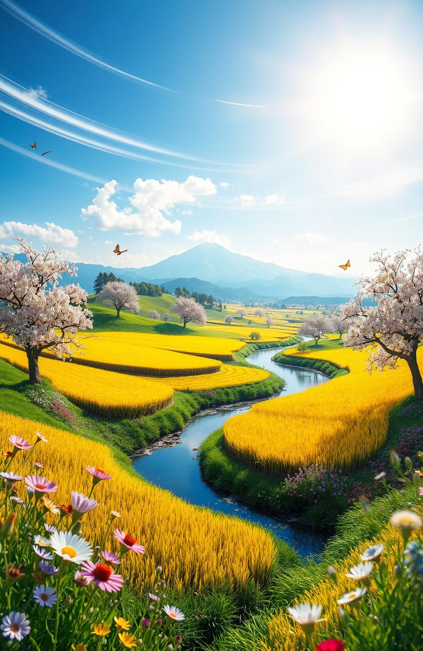 A surreal and vibrant landscape representing prosperity, with lush green fields, blooming cherry blossom trees, and golden rice paddies under a bright blue sky