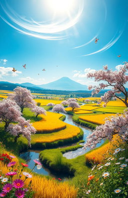 A surreal and vibrant landscape representing prosperity, with lush green fields, blooming cherry blossom trees, and golden rice paddies under a bright blue sky