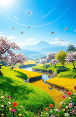 A surreal and vibrant landscape representing prosperity, with lush green fields, blooming cherry blossom trees, and golden rice paddies under a bright blue sky