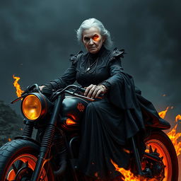 An elderly woman with a serious expression, dressed in a dark, intricate outfit reminiscent of gothic fashion, featuring flowing fabrics and ornate patterns