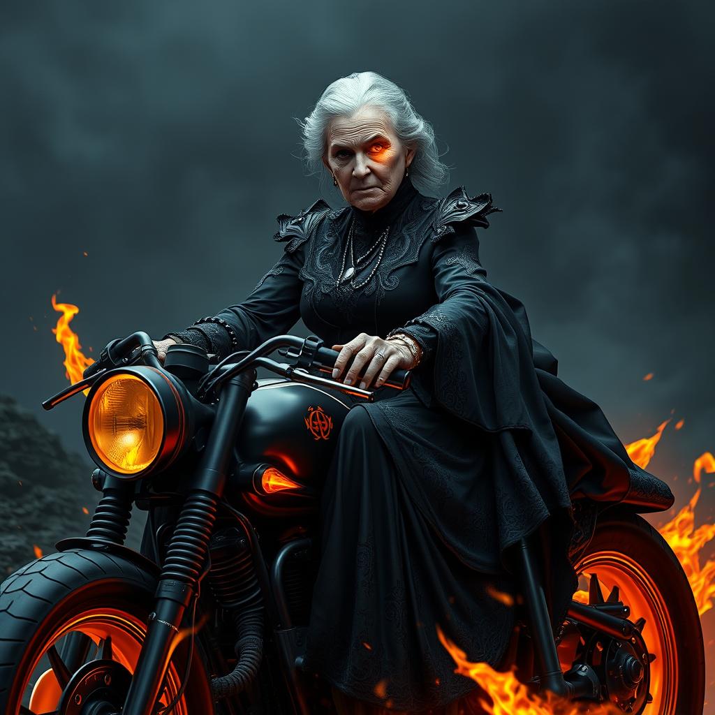 An elderly woman with a serious expression, dressed in a dark, intricate outfit reminiscent of gothic fashion, featuring flowing fabrics and ornate patterns