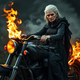 An elderly woman with a serious expression, dressed in a dark, intricate outfit reminiscent of gothic fashion, featuring flowing fabrics and ornate patterns