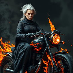 An elderly woman with a serious expression, dressed in a dark, intricate outfit reminiscent of gothic fashion, featuring flowing fabrics and ornate patterns