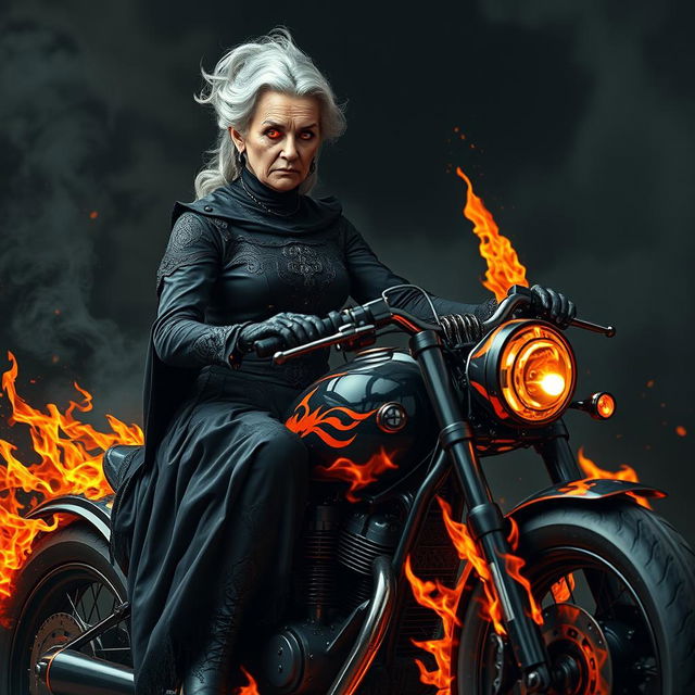 An elderly woman with a serious expression, dressed in a dark, intricate outfit reminiscent of gothic fashion, featuring flowing fabrics and ornate patterns