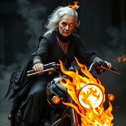 An elderly woman with a serious expression, dressed in a dark, intricate outfit reminiscent of gothic fashion, featuring flowing fabrics and ornate patterns