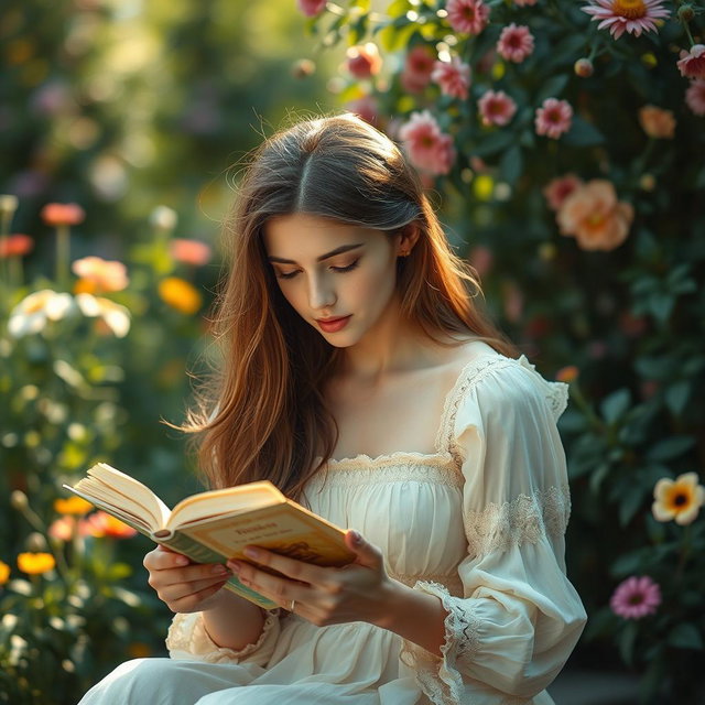 A serene, intimate scene of a young woman absorbed in reading a book, reminiscent of the painting 'The Young Girl Reading