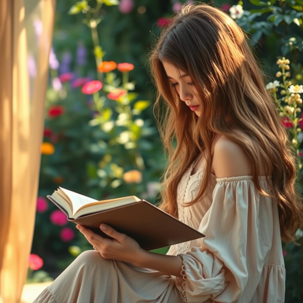 A serene, intimate scene of a young woman absorbed in reading a book, reminiscent of the painting 'The Young Girl Reading