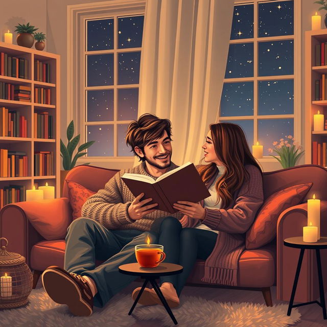 A romantic scene featuring a couple reading a book together, sitting on a comfortable couch in a cozy living room